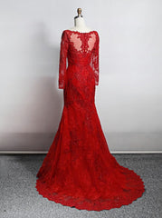 Red Lace Mermaid Long Sleeves Evening Gown, Red Lace Wedding Party Dresses