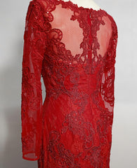 Red Lace Mermaid Long Sleeves Evening Gown, Red Lace Wedding Party Dresses