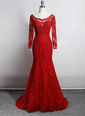 Red Lace Mermaid Long Sleeves Evening Gown, Red Lace Wedding Party Dresses