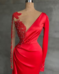 Red Long Sleeve V-Neck Mermaid Prom Dresses Online With Beadings