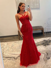 Red Mermaid Halter Lace Mermaid Long Prom Dresses