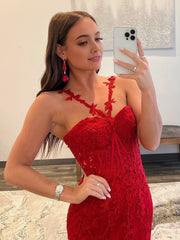 Red Mermaid Halter Lace Mermaid Long Prom Dresses