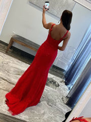 Red Mermaid Halter Lace Mermaid Long Prom Dresses