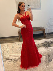 Red Mermaid Halter Lace Mermaid Long Prom Dresses