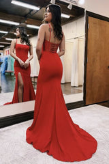 Red Mermaid Satin Scoop Neck Long Prom Dresses