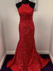 Red Mermaid Sequins Halter Backless Prom Dresses