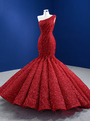 Red Mermaid Sequins One Shoulder Prom Dresses