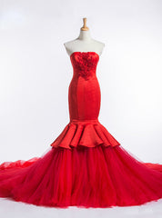 Red Mermaid Strapless Tulle Satin Train Wedding Dresses