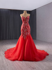 Red Mermaid Sweethaert Beading Prom Dresses