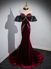 Red Mermaid Velvet Sweetheart Beading Prom Dresses