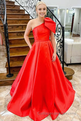 Red One Shoulder Bow Tie Satin Prom Dress with Pockets