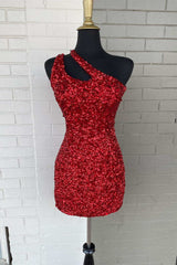 Red One Shoulder Cutout Short Homecoming Gown Sequined Cocktail Dresses