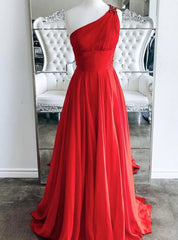 Red One Shoulder Pleats Prom Dresses