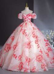 Red Print Puff Sleeve Off the Shoulder Quinceanera Dresses