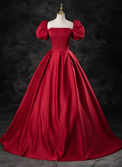 Red Satin A-line Short Sleeves Long Prom Dress, Red Long Formal Dress Evening Dress