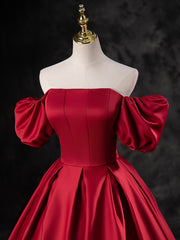 Red Satin A-line Short Sleeves Long Prom Dress, Red Long Formal Dress Evening Dress