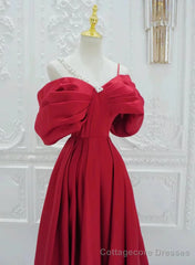 Red Satin A-line Straps Long Evening Dress, Red Long Party Dress