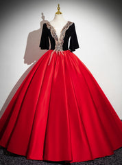 Red Satin Black Velvet Sequins Quinceanera Dresses