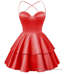 Red Satin Homecoming Dress Sweetheart Neck Tiered Short Graduation Dresses