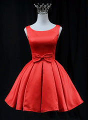 Red Satin Round Neckline Prom Homecoming Dresses Red Short Party Dresses prom Dresses shops