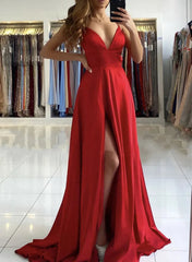 Red Satin Simple Long V-neckline Prom Dresses Red A-line Floor Length Party Dresses prom Dresses shops