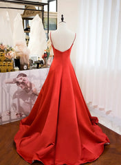 Red Satin Sweetheart Long Formal Dresses, Red Satin Straps Prom Dresses