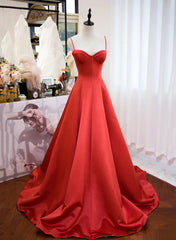 Red Satin Sweetheart Long Formal Dresses, Red Satin Straps Prom Dresses