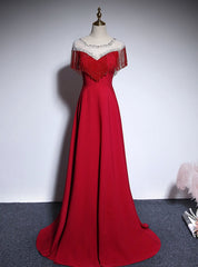 Red Scoop Neck Beading Prom Dresses