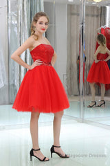 Red Sequined Tulle Strapless Homecoming Dresses