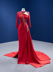 Red Sheath Long Sleeve High Neck Beading Prom Dresses