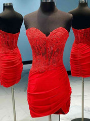 Red Sheath Strapless Appliques Homecoming Dress