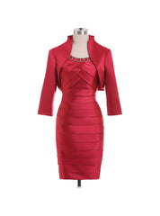 Red Short Mother Of The Bride Dresses Suits With Jackets Pleats Satin