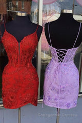 Red Spaghetti Straps Applique Tight Homecoming Dress