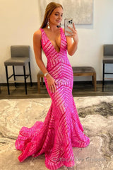 Red Sparkly Deep V Neck Sequin Mermaid Prom Dress