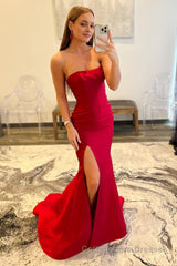 Red Strapless Mermaid Prom Dress With Slit