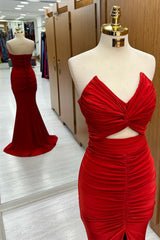 Red Strapless Twisted Knot Mermaid Long Formal Dresses with Slit