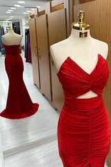 Red Strapless Twisted Knot Mermaid Long Formal Dresses with Slit