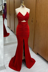 Red Strapless Twisted Knot Mermaid Long Formal Dresses with Slit