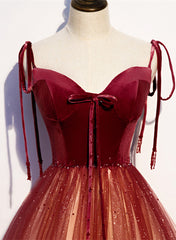 Red Sweetheart Velvet and Tulle Straps Long Party Dresses, Gradient Tulle A-line Prom Dresses