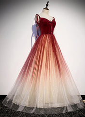 Red Sweetheart Velvet and Tulle Straps Long Party Dresses, Gradient Tulle A-line Prom Dresses