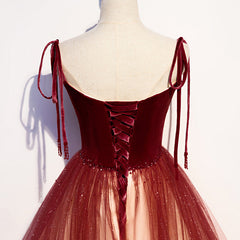 Red Sweetheart Velvet and Tulle Straps Long Party Dresses, Gradient Tulle A-line Prom Dresses