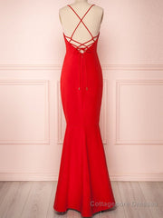 Red Thin Straps Mermaid Backless Long Prom Dresses, Red Mermaid Formal Dresses, Red Evening Dresses