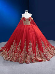 Red Tulle Gold Sequins Appliques Spaghetti Straps Pearls Prom Dresses