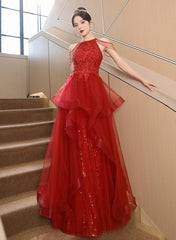 Red Tulle Halter A-line Long Evening Dresses, Red Tulle Prom Dresses Party Dresses