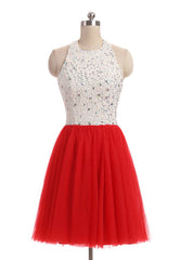 Red Tulle Halter Beading Homecoming Dresses