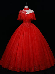 Red Tulle High Neck Backless Beading Quinceanera Dresses