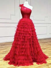 Red Tulle Lace One Shoulder Tiers Prom Dresses