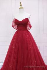 Red Tulle Long A-Line Prom Dress, Off the Shoulder Formal Evening Dress