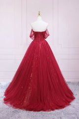 Red Tulle Long A-Line Prom Dress, Off the Shoulder Formal Evening Dress