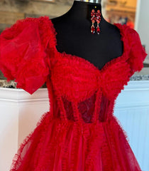 Red Tulle Long Prom Dresses with Sheer Corset Bodice